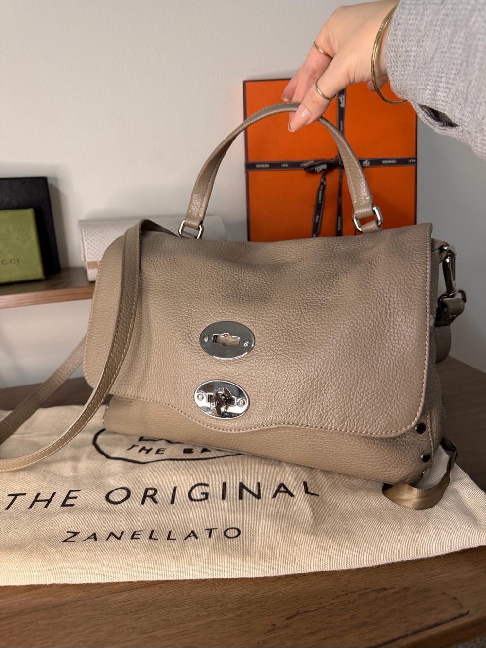 AUTHENTIC - Zanellato Taupe Pebbled Leather Postina Bag Medium